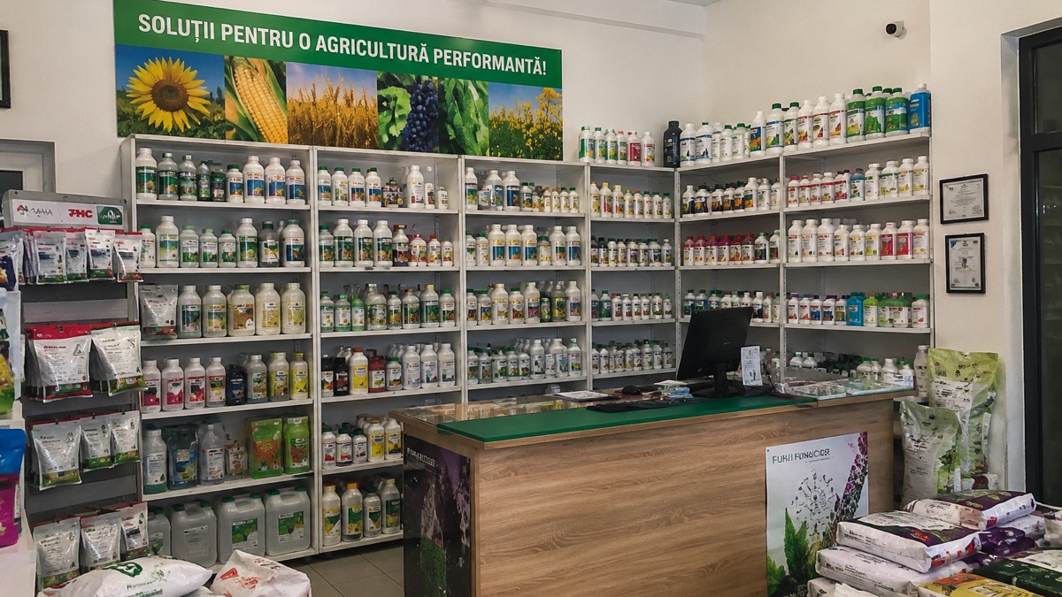 Rafturi de fitofarmacie pline cu produse de protecția plantelor în flacoane, saci de semințe și îngrășăminte, cu tejgheaua și tableta POS în plan apropiat