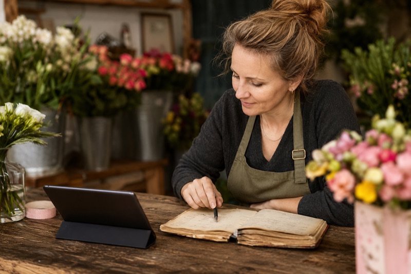 Floristă într-o florărie din România, cu caietul vechi de comenzi deschis lângă o tabletă pe tejghea, în plin proces de trecere la gestiunea digitală