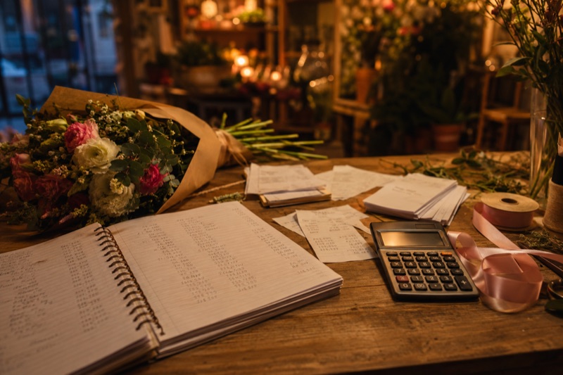 Masă de lucru într-o florărie, seara: caiet cu calcule scrise de mână, bonuri și facturi, calculator de birou și un buchet nelegat alături