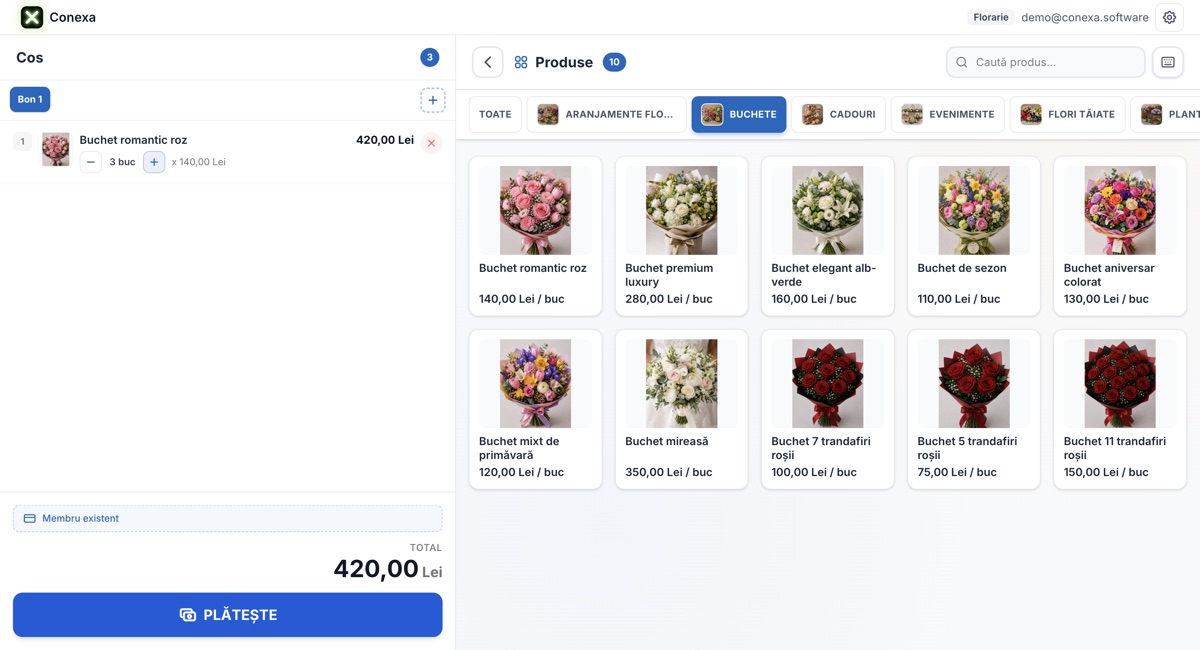 Bon în lucru în POS-ul Conexa: Buchet romantic roz, 3 bucăți a 140 de lei, total 420 de lei, cu butonul Plătește activ