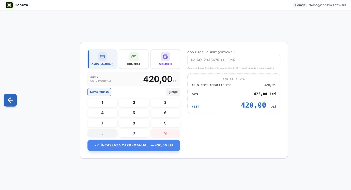 Ecranul de plată din POS-ul Conexa: metode de plată card, numerar sau membru, bonul de plată cu totalul de 420 de lei și câmp opțional pentru codul fiscal al clientului