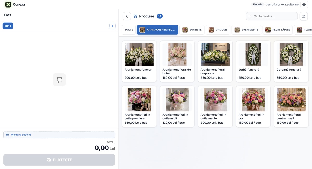 Catalogul de produse al florăriei în POS-ul Conexa: aranjamente florale cu fotografii și prețuri — funerar, botez, corporate, cutii cu flori, coșuri