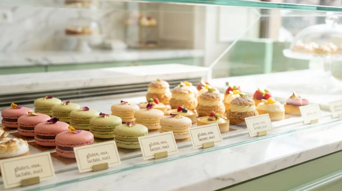 Macarons și prăjituri în vitrina cofetăriei, fiecare cu etichetă vizibilă cu lista de alergeni (gluten, ouă, lactate, nuci)