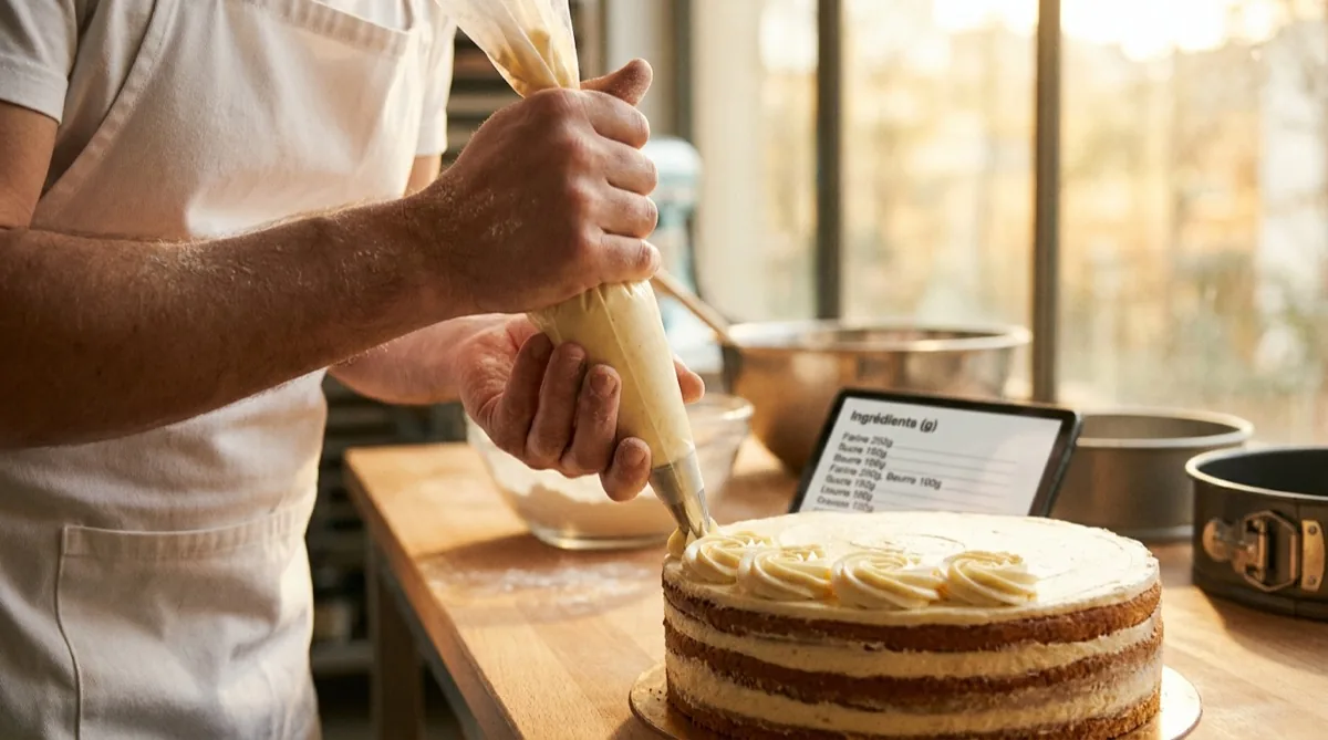 Cofetar decorând un tort cu cremă; tabletă alături cu rețeta și gramajul fiecărui ingredient
