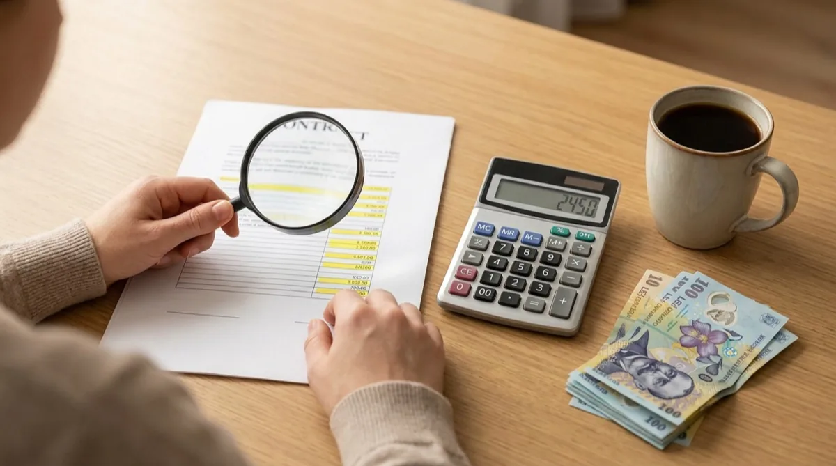Contract de soft cu sume evidențiate sub lupă, calculator și bancnote RON — citește atent înainte să semnezi