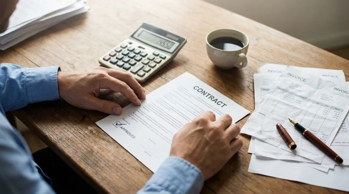 Contract de soft cu marcaje verificate, calculator și facturi pe biroul unui manager de restaurant