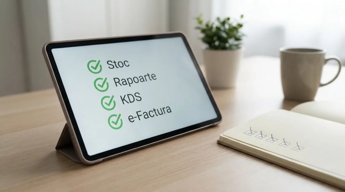 Tabletă cu listă de funcții bifate cu verde (Stoc, Rapoarte, KDS, e-Factura) și notebook cu însemnări manuale