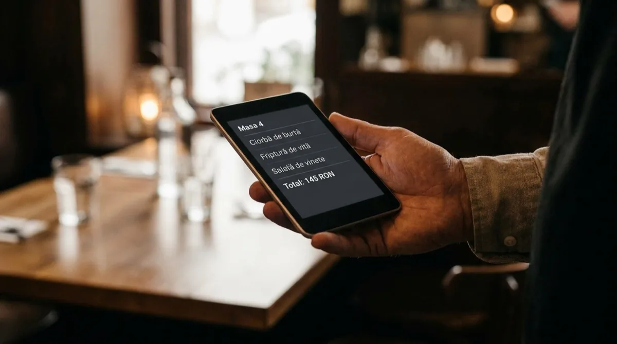 Mâna unui ospătar ținând o tabletă cu POS-ul restaurantului — listă cu meniu (ciorbă, friptură, salată) și total în RON
