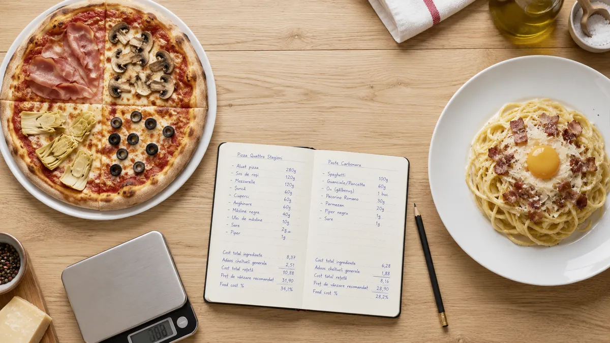 Două farfurii într-un restaurant: pizza Quattro Stagioni și paste Carbonara, cu un caiet alături unde sunt scrise cantitățile ingredientelor