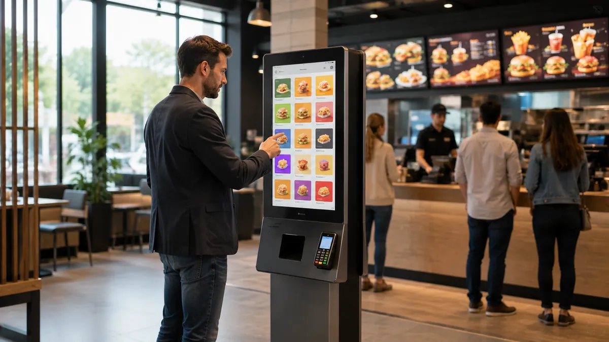Chioșc autocomandă vertical într-un fast-food, cu un client care comandă direct pe ecranul touch