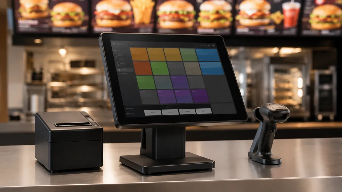 Stație POS fast-food cu monitor touch, scanner cod bare, casă de marcat AMEF și ecran digital de meniu pe perete