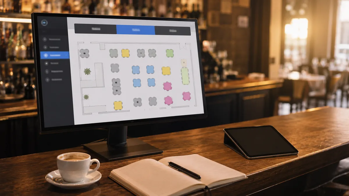 Ecran software cu vedere generală a restaurantului — interior, terasă și salon eveniment afișate ca trei tab-uri cu planuri diferite