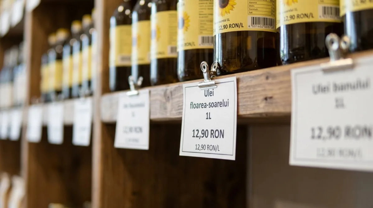 Etichete tipărite cu denumire, preț și preț pe litru pentru ulei floarea-soarelui 1L (12,90 RON), conform regulilor ANPC