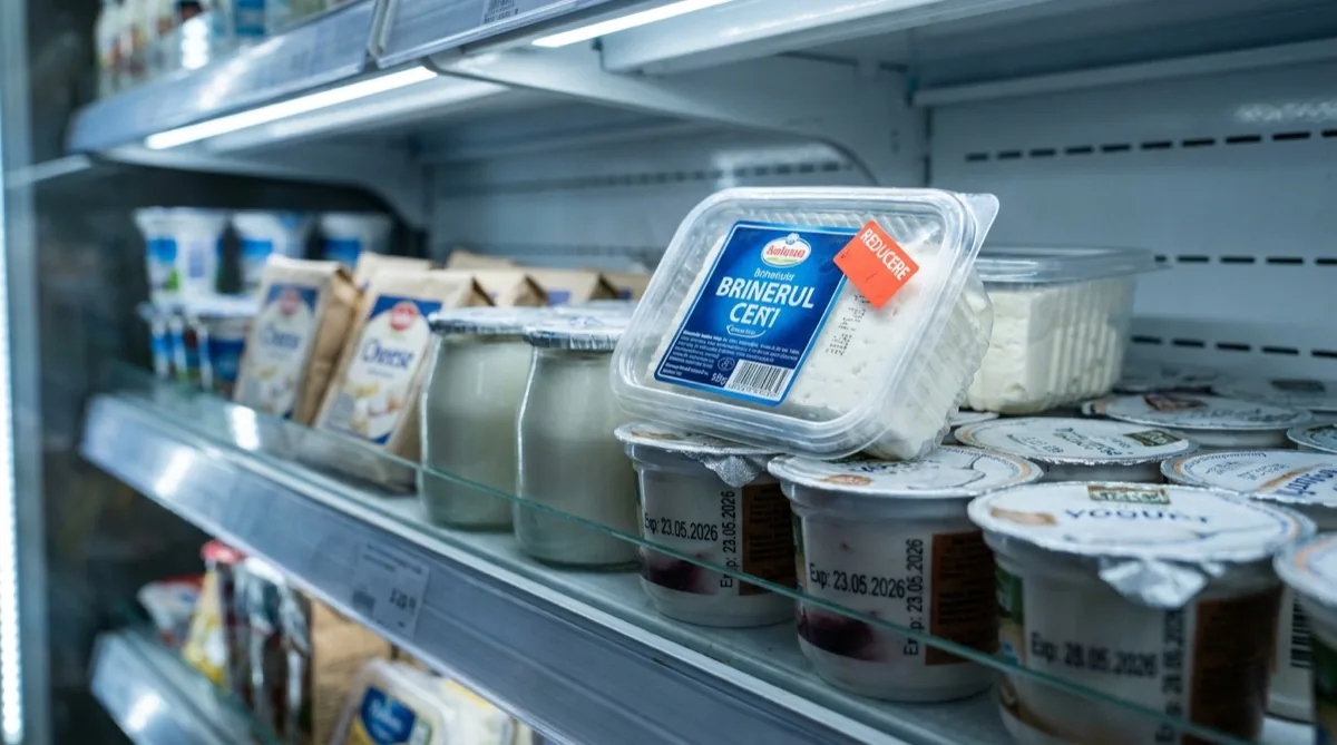 Iaurturi și brânzeturi pe raft refrigerat cu etichete de dată expirării (23 și 28 mai 2026), un produs marcat cu sticker REDUCERE