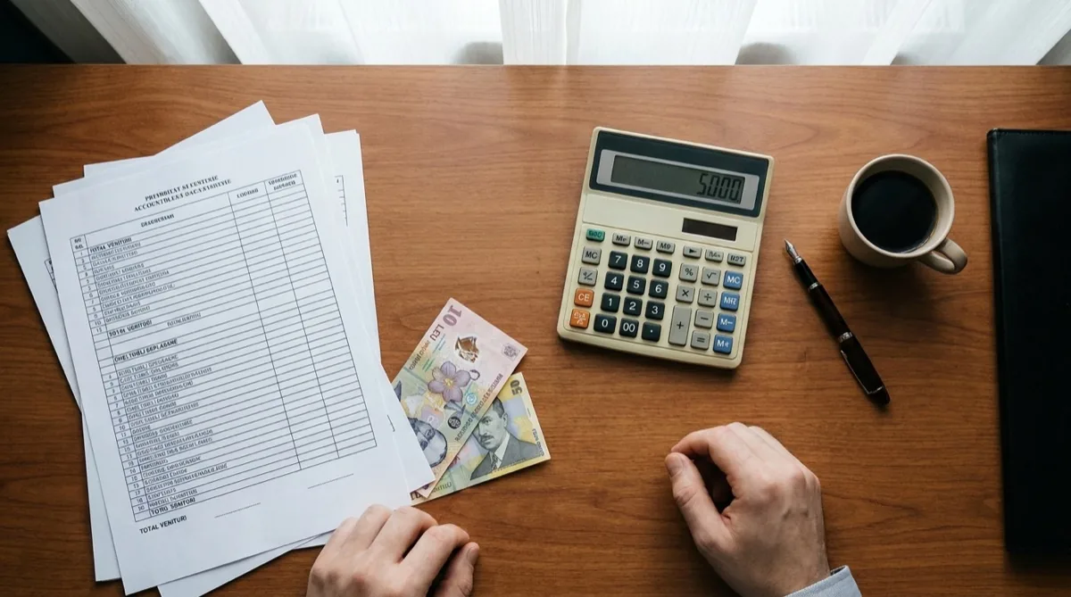 Documente contabile pe birou alături de un calculator afișând 5000 — penalitățile reale pentru neraportare e-Factura