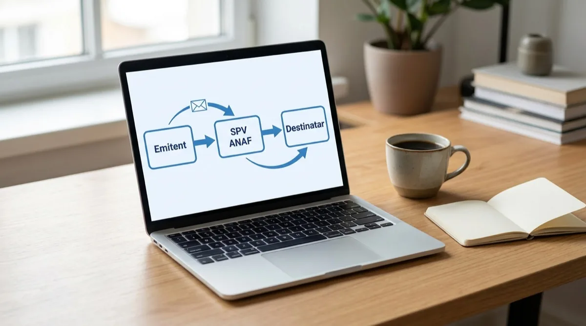 Diagramă flux e-Factura cu trei pași: Emitent → SPV ANAF → Destinatar, conectați prin săgeți