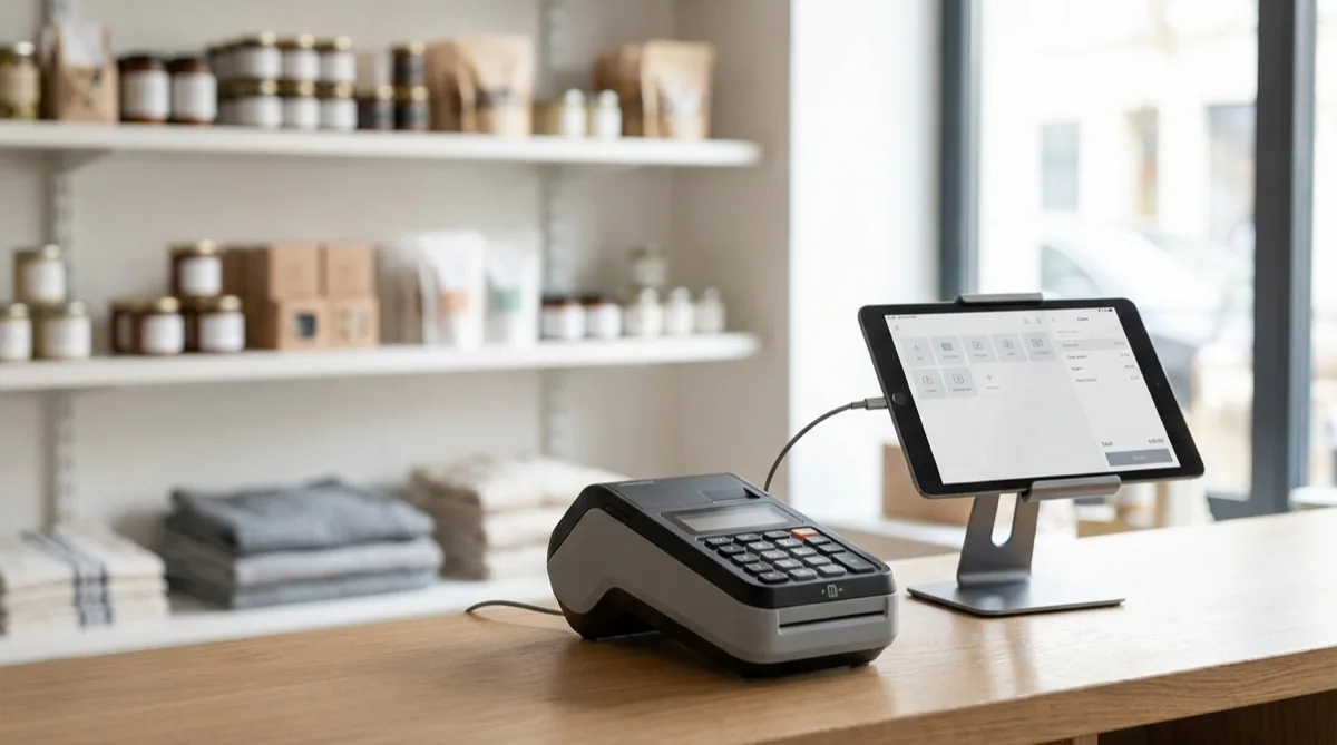 Casa de marcat fiscală AMEF conectată prin cablu la o tabletă cu POS — bonul fiscal emis automat la fiecare vânzare