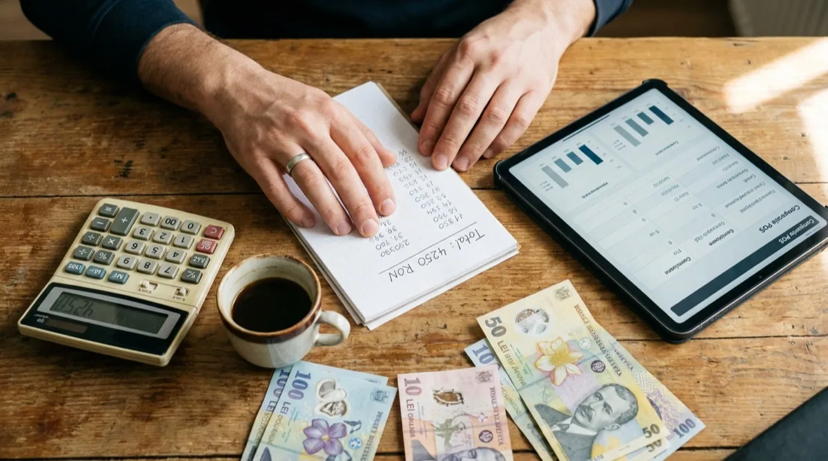 Notebook cu cifre scrise de mână, calculator afișând 4250, tabletă cu tabel comparativ și bancnote RON pe blat