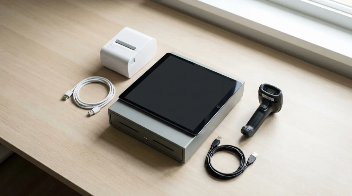 Setup complet de POS pe blat: tabletă, scanner Bluetooth, imprimantă bonuri și sertar bani