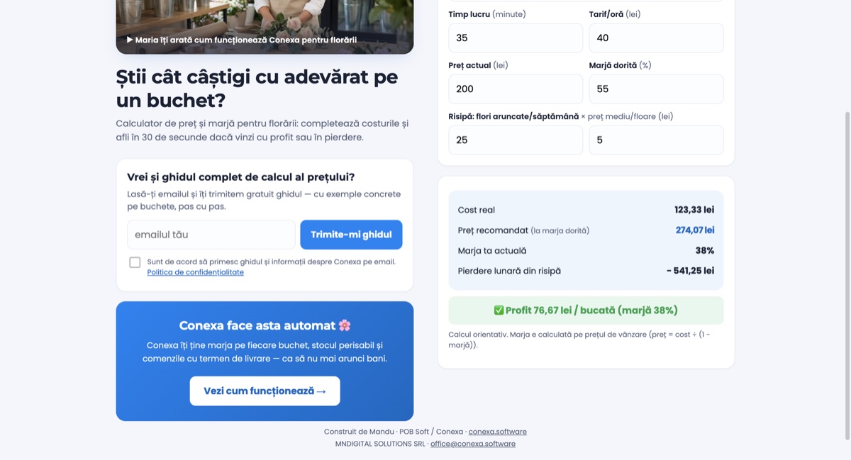 Calculatorul de preț și marjă pentru florării de pe conexa.software: costurile unui buchet de 200 de lei completate, cu cost real, preț recomandat și profit pe bucată