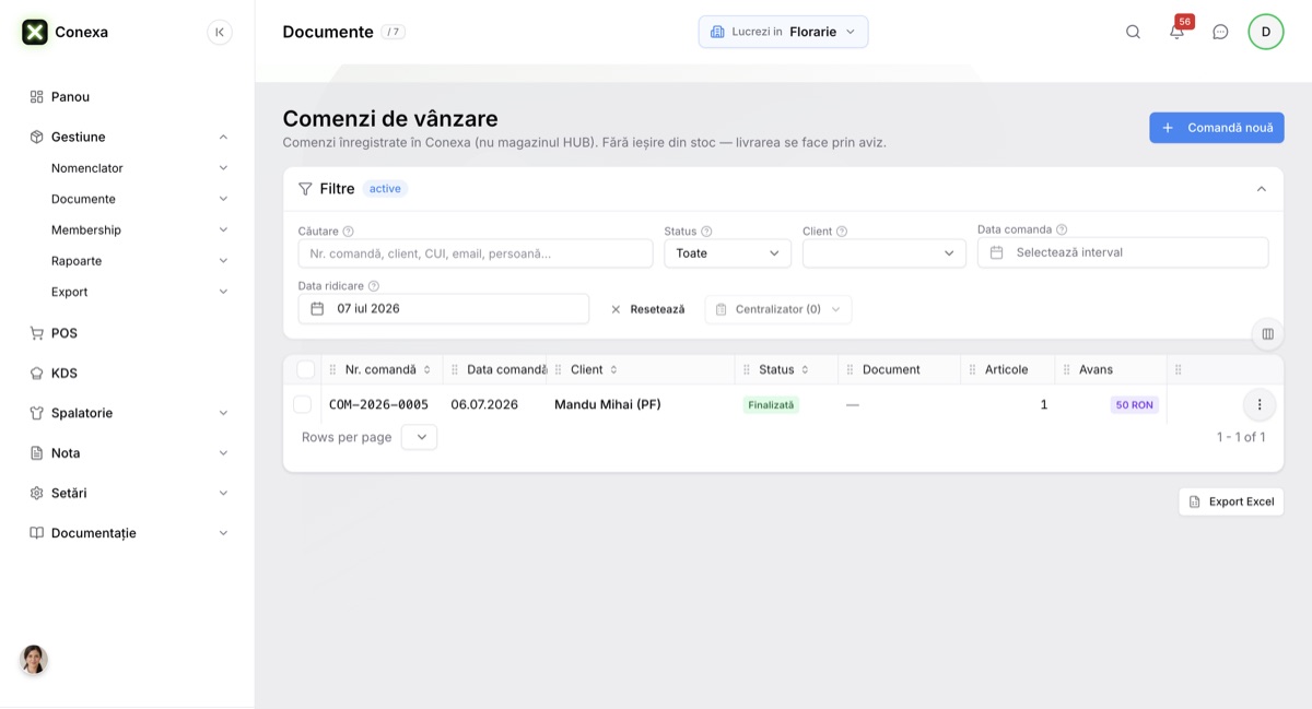 Lista comenzilor de vânzare din Conexa, filtrată pe data ridicării: comanda cu client, status și avansul încasat