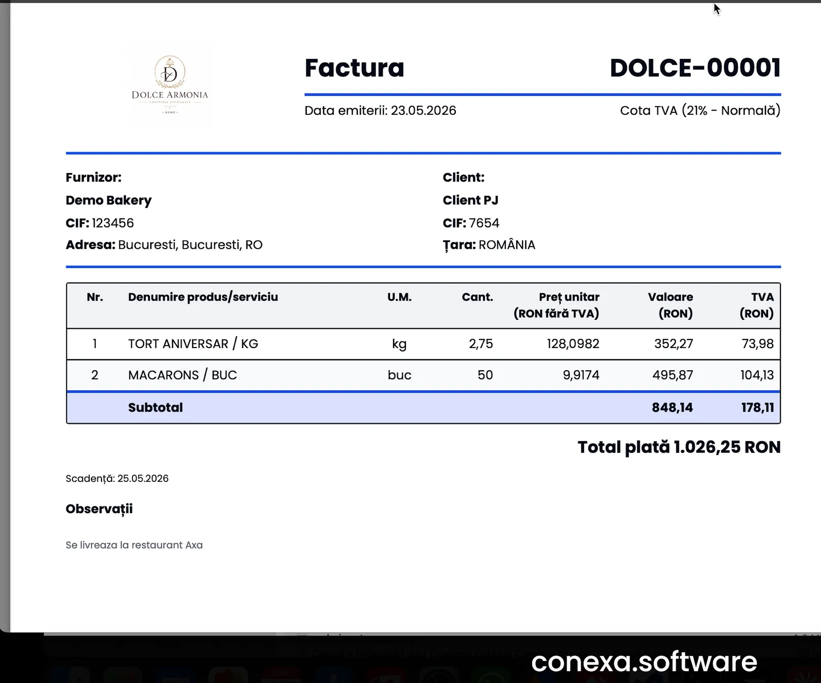 Backoffice Conexa — factură emisă pentru client, cu TVA și total de plată