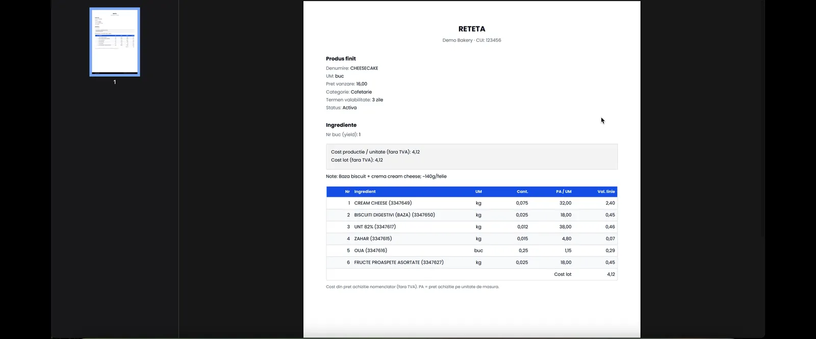 Backoffice Conexa — rețetă tipărită cu ingrediente și cost de producție