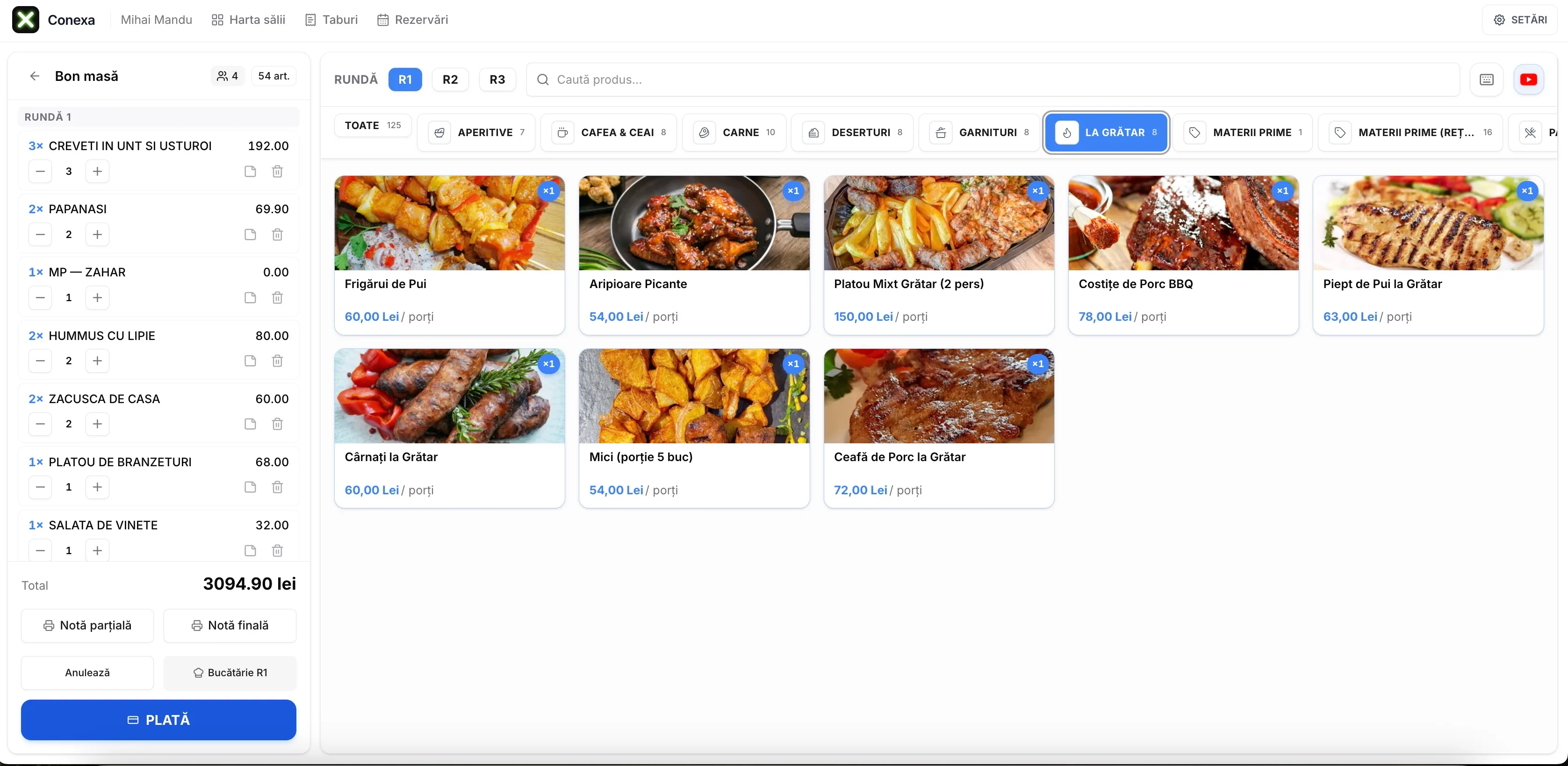 POS HoReCa Conexa — masă cu meniu și fotografii