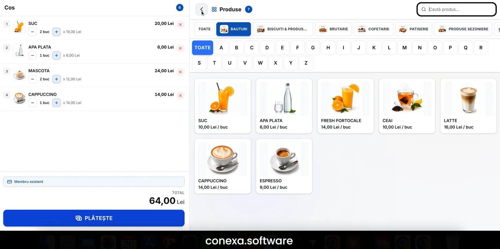 POS Cofetărie Conexa — vânzare pe categorii cu fotografii: băuturi și deserturi