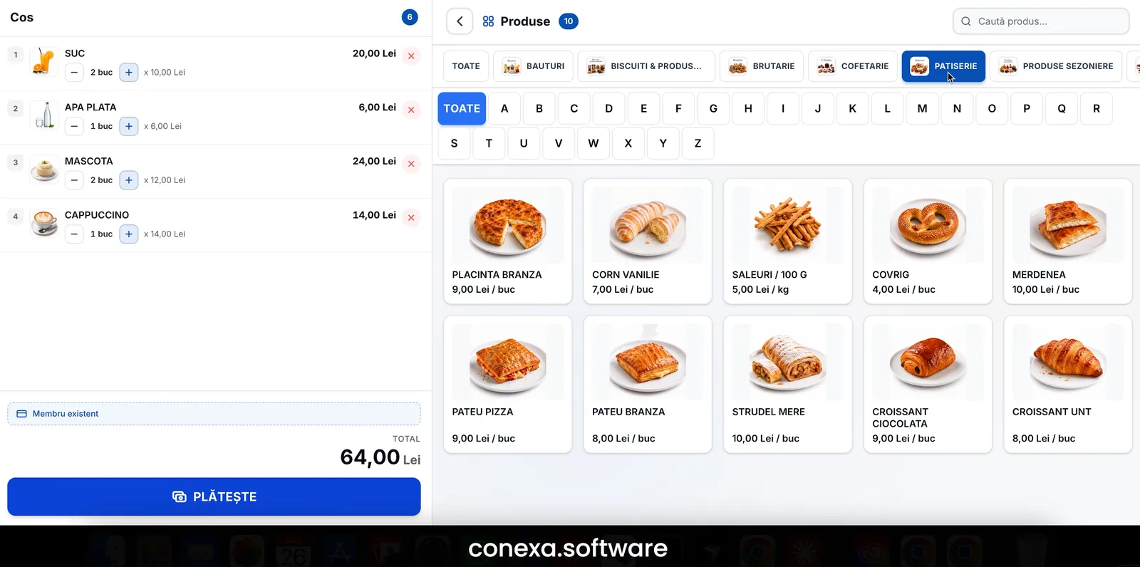 POS Cofetărie Conexa — categoria patiserie cu fotografii de produs
