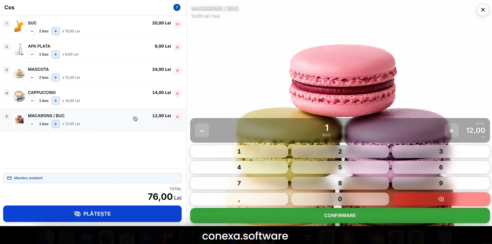 POS Cofetărie Conexa — vânzare macarons la bucată cu tastatură numerică