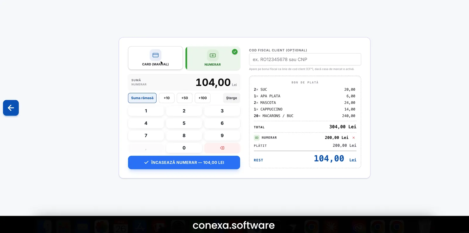 POS Cofetărie Conexa — încasare numerar cu calcul de rest și bon fiscal
