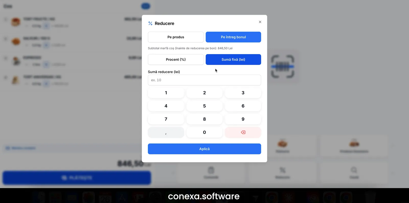 POS Cofetărie Conexa — aplicare reducere pe produs sau pe întreg bonul