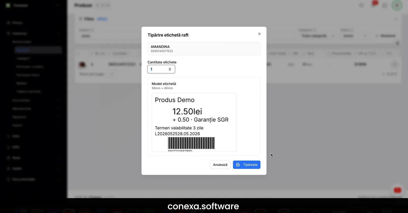 Conexa — tipărire etichetă de raft cu preț, termen de valabilitate și cod de bare
